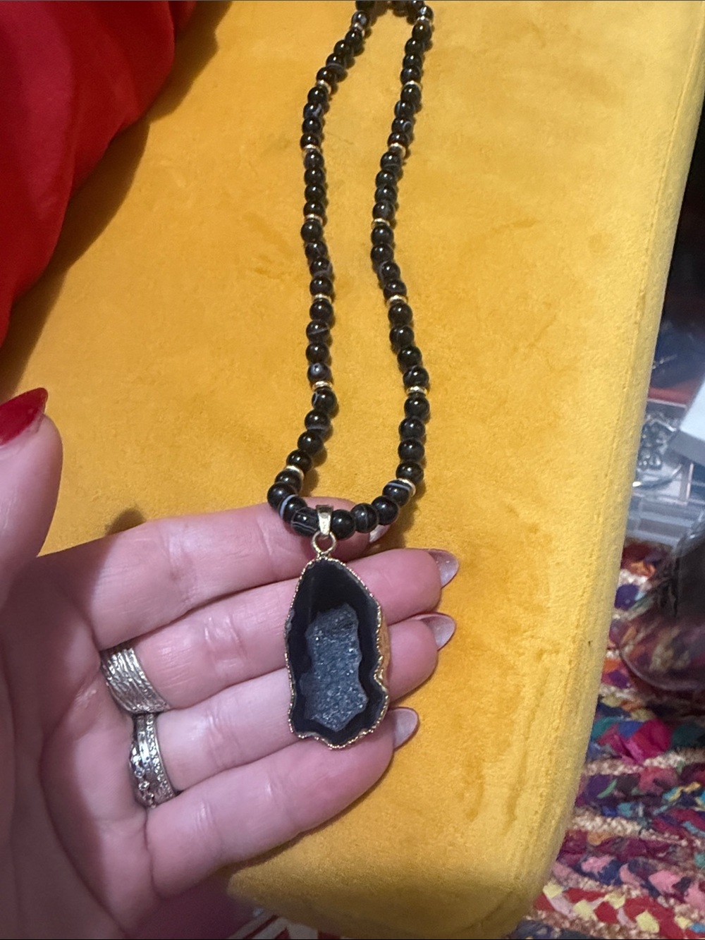 Black Drusy Geode Pendant glass Bead Necklace - Women Jewelry